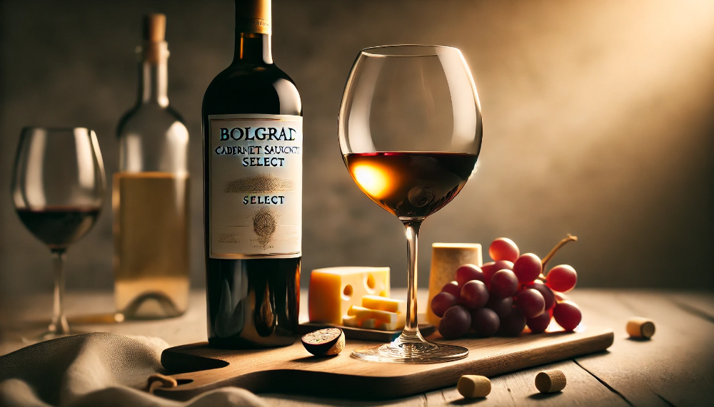 Пляшка Bolgrad Cabernet Sauvignon Select поруч з наповненим келихом на світлому мармуровому столі з делікатними закусками