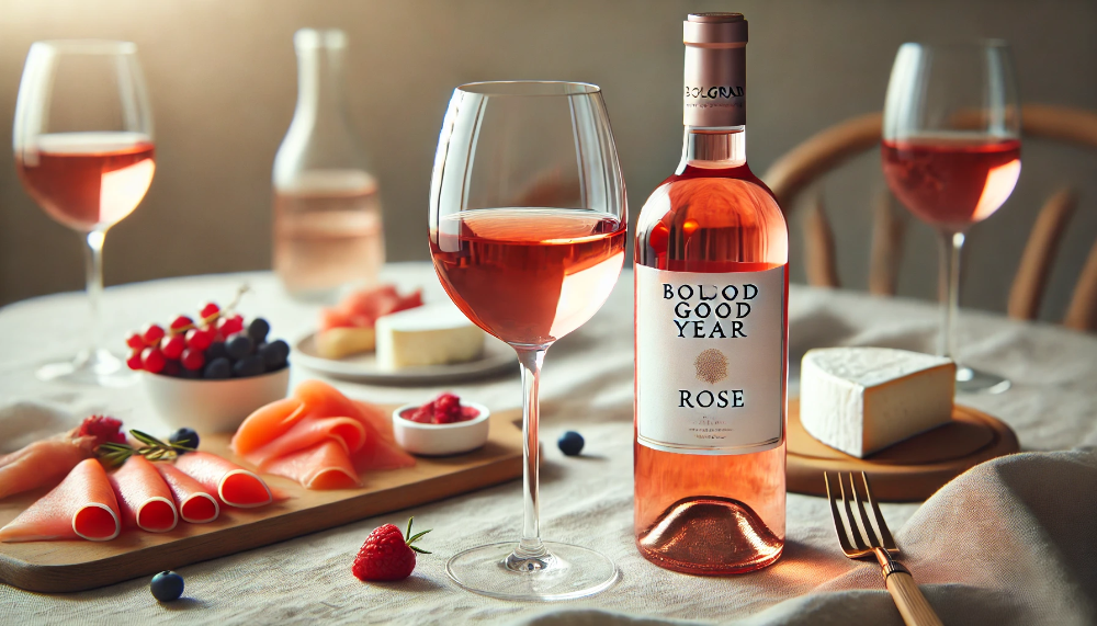 Пляшка Bolgrad Good Year Rose з наповненим келихом на фоні легких закусок в світлих тонах