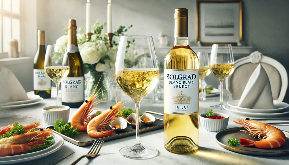 Пляшка Bolgrad Blanc Select біле напівсолодке в оточенні вишуканих морепродуктів та келихів на світлому столі