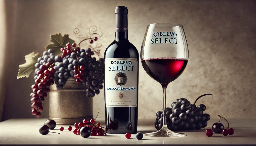 Пляшка KOBLEVO SELECT Cabernet Sauvignon з келихом червоного вина на фоні темних ягід