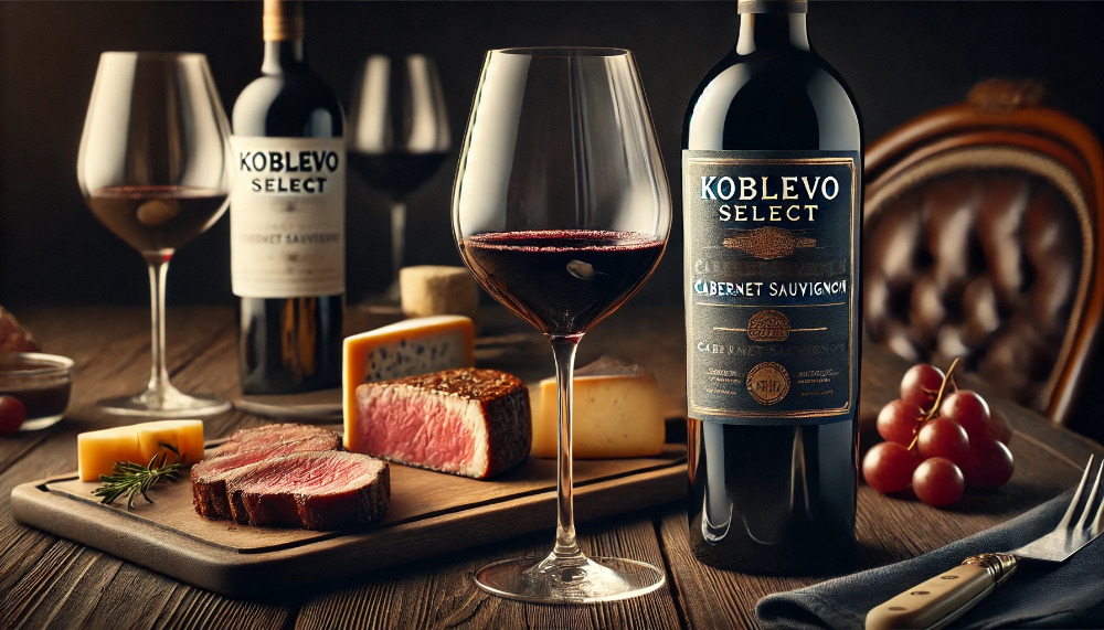 Пляшка KOBLEVO SELECT Cabernet з келихом вина поруч зі стейком та витриманими сирами