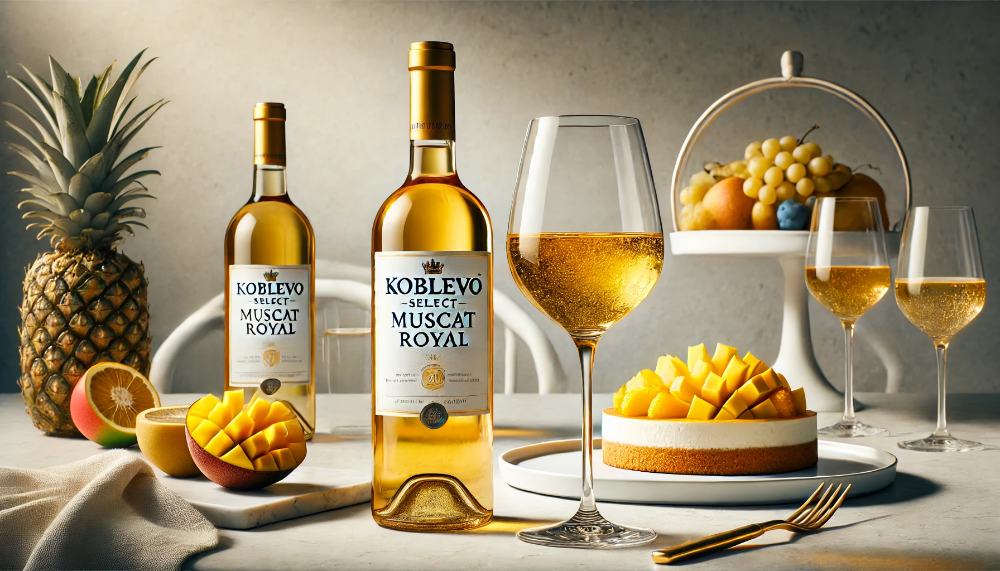 Пляшка Koblevo Select Muscat Royal з келихом білого вина поруч з тропічними фруктами на світлому тлі