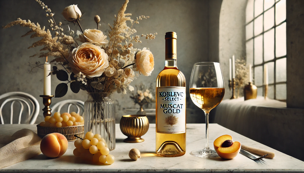 Пляшка Koblevo Select Muscat Gold з келихом золотистого вина на тлі свіжих білих фруктів та квітів