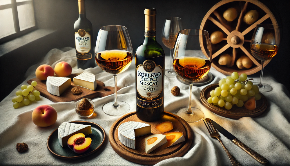 Пляшка Koblevo Select Muscat Gold з делікатними закусками та сирами на світлій сервіровці з елементами декору