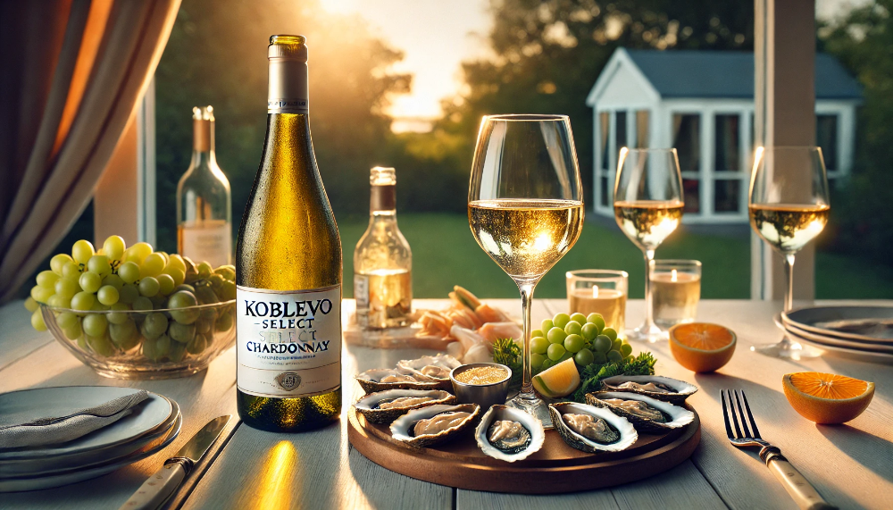 Пляшка Koblevo Select Chardonnay з келихом білого вина поруч із легкими закусками на світлому фоні