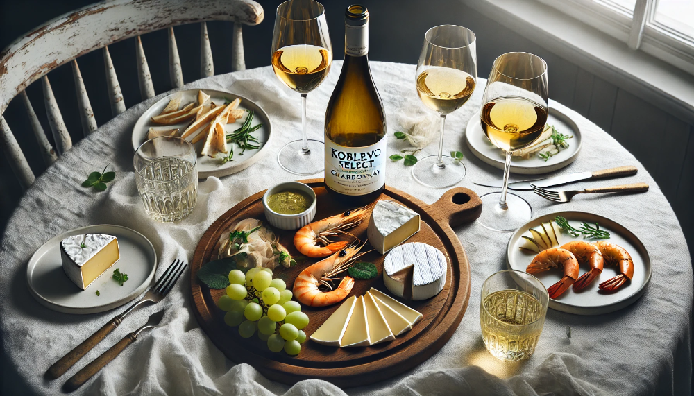 Пляшка Koblevo Select Chardonnay з морепродуктами та сирами на елегантній білій сервіровці