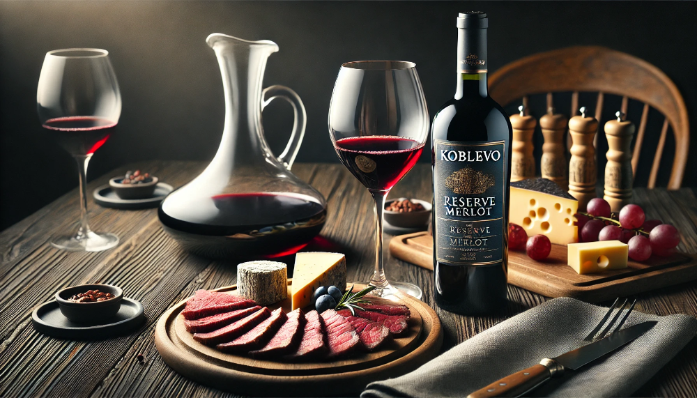 Пляшка Koblevo Reserve Merlot з декантером та келихом червоного вина на фоні м'ясних делікатесів