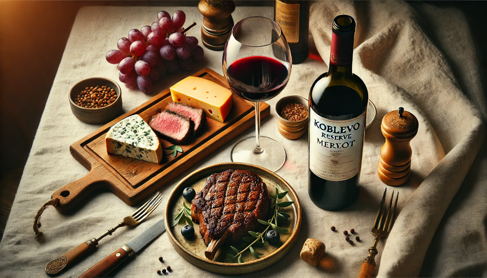 Пляшка Koblevo Reserve Merlot в оточенні сирів та м'ясних делікатесів на світлій скатертині