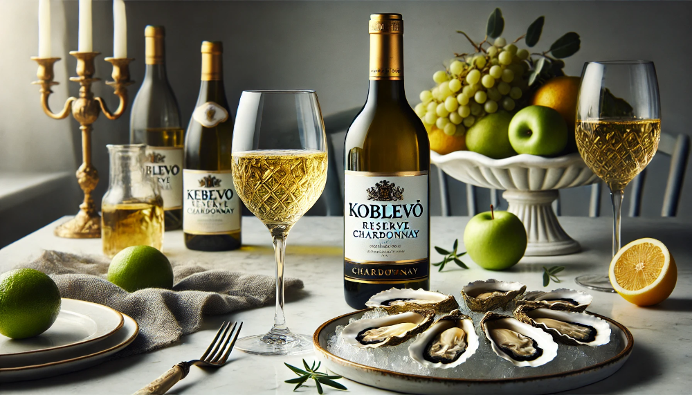 Пляшка Koblevo Reserve Chardonnay з келихом білого вина на фоні морепродуктів та цитрусових