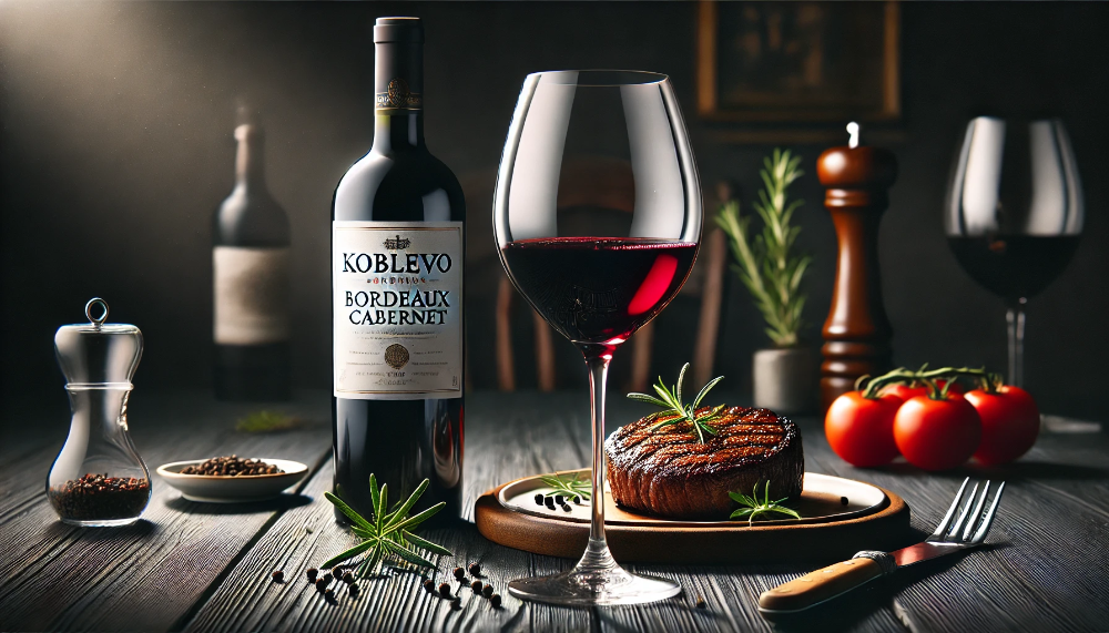 Пляшка Koblevo Bordeaux Cabernet з келихом насиченого червоного вина на фоні м'ясних делікатесів