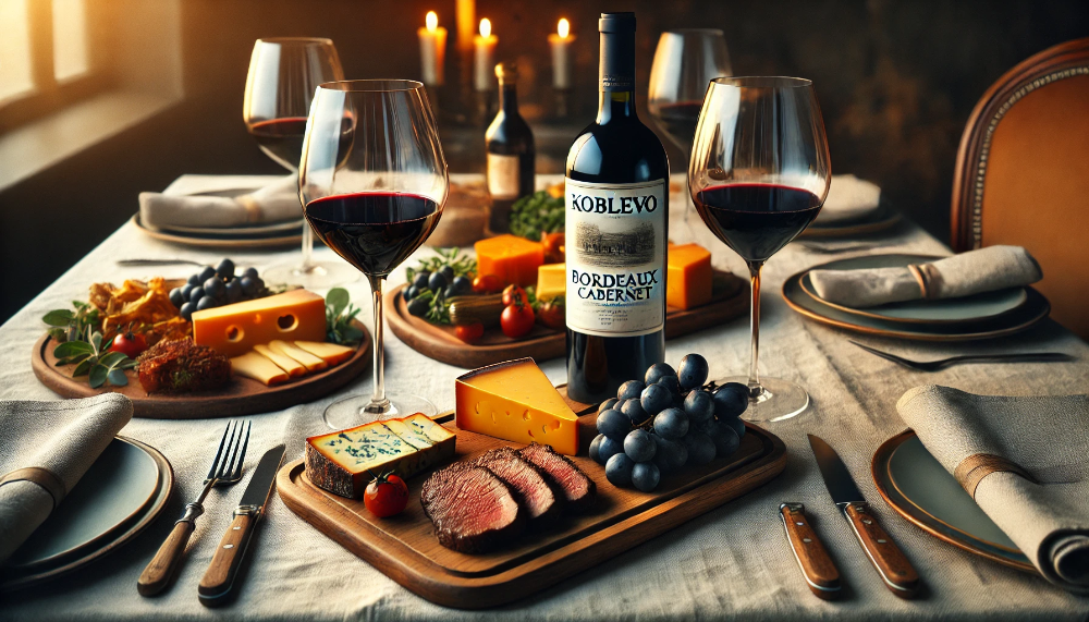 Пляшка Koblevo Bordeaux Cabernet із сирною тарілкою та стейком на елегантній світлій сервіровці