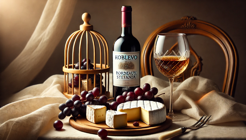 Пляшка Koblevo Bordeaux Стефанія з келихом вина поруч з дошкою делікатесних сирів та винограду в елегантній подачі