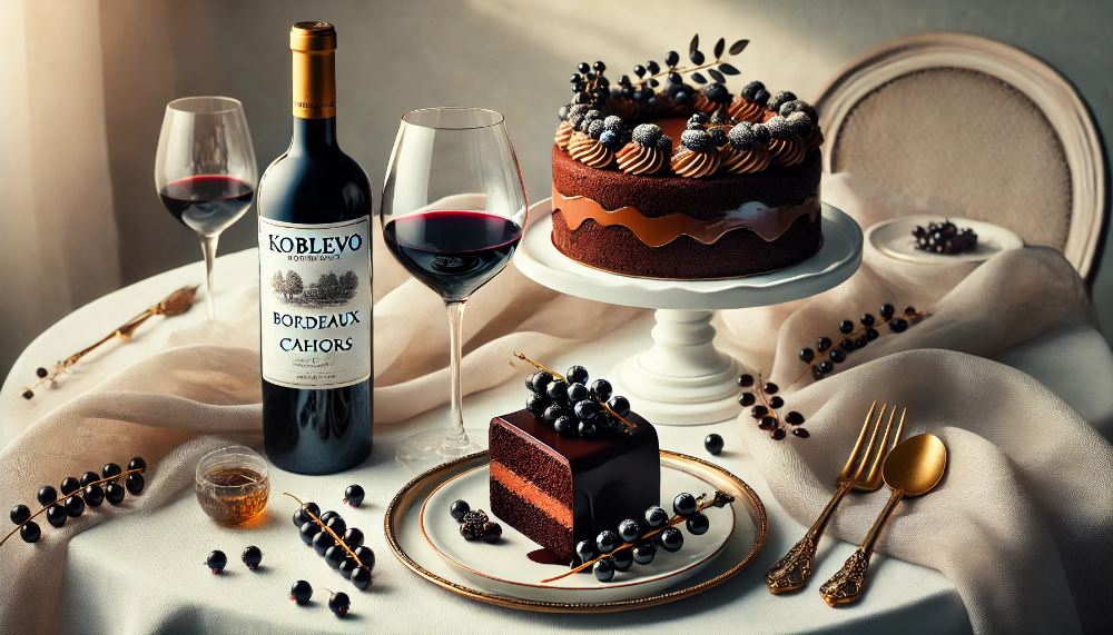 Пляшка KOBLEVO Bordeaux Кагор український з келихом вина та шоколадним десертом в елегантній святковій сервіровці