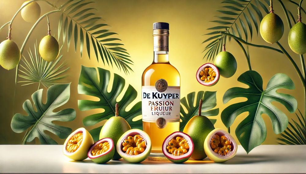 Елегантна пляшка лікеру De Kuyper Passion Fruit оточена розрізаними плодами маракуї та зеленим листям на світлому фоні