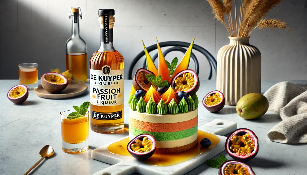 Креативна композиція з лікером De Kuyper Passion Fruit, фруктовим десертом та свіжою маракуєю на світлому мармуровому столі