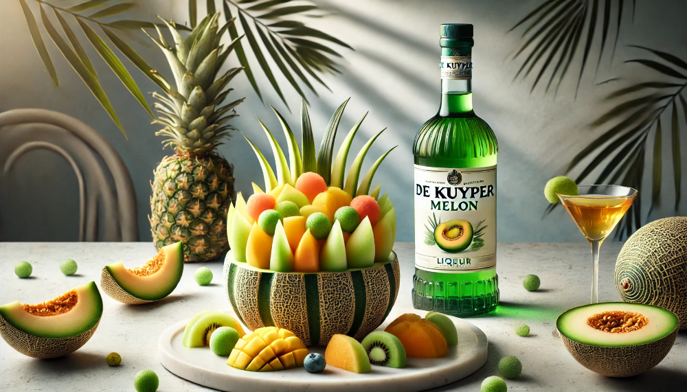 Композиція з лікером De Kuyper Melon та вишуканим десертом з динею, манго та ананасом на світлому фоні з тропічним листям