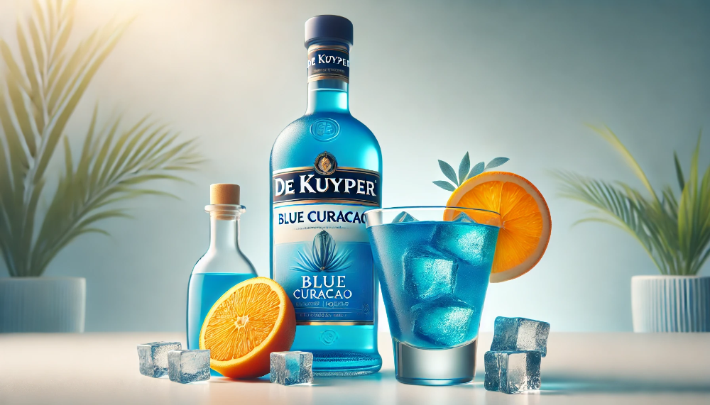 Елегантна пляшка лікеру De Kuyper Blue Curacao поруч з яскраво-блакитним коктейлем, прикрашеним апельсином та льодом