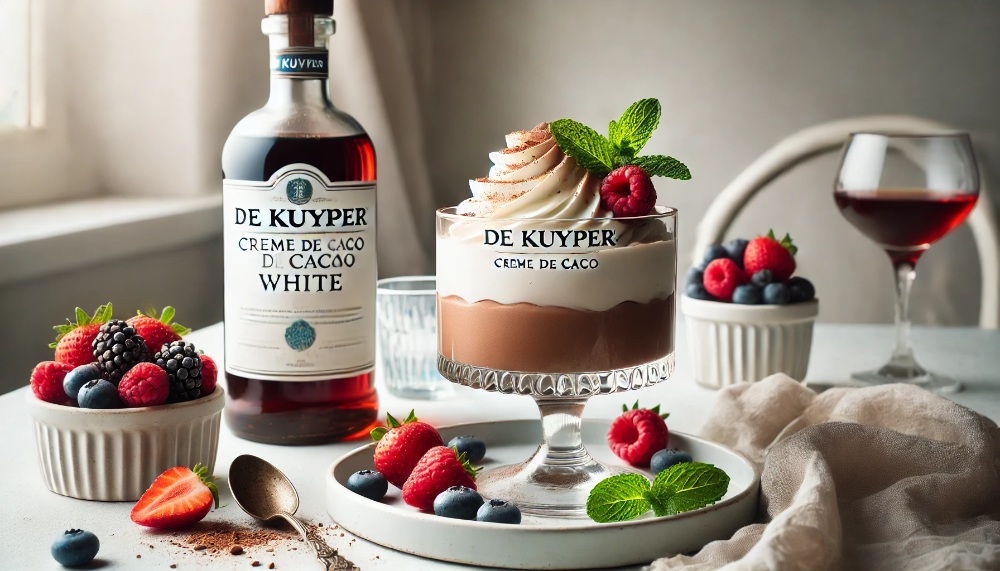 Вишуканий шоколадний мус з використанням De Kuyper Creme de Cacao White, прикрашений свіжими ягодами та м'ятою