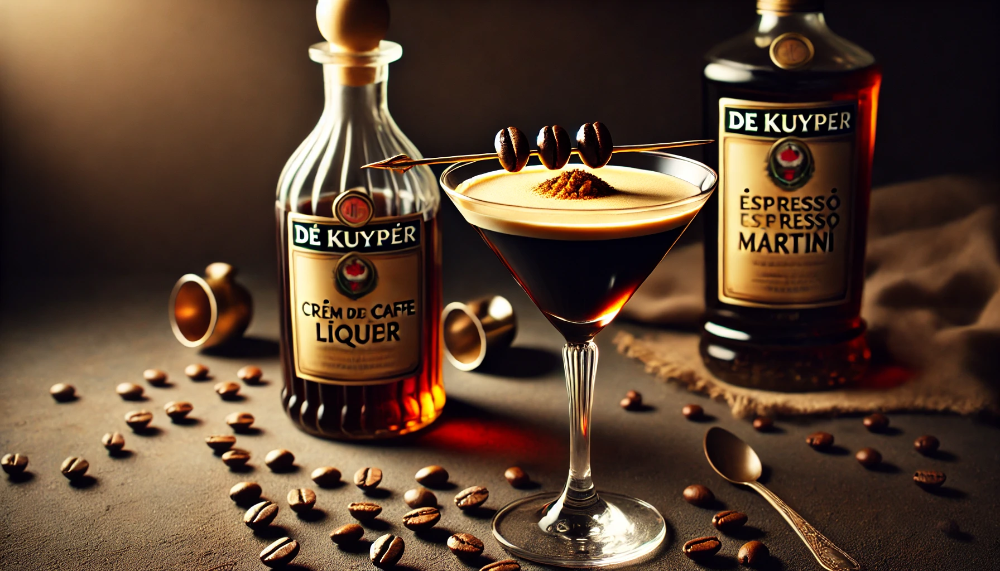 Класичний коктейльний келих з Espresso Martini, прикрашений трьома кавовими зернами, з пляшкою De Kuyper на задньому плані