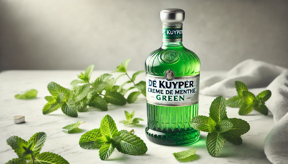 Елегантна пляшка лікеру De Kuyper Creme de Menthe Green оточена свіжими листями м'яти на світлому мармуровому столі