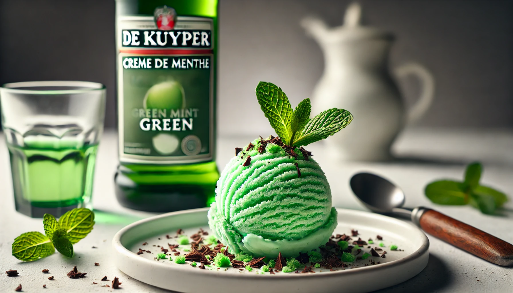 Кулька зеленого м'ятного морозива з додаванням лікеру De Kuyper Creme de Menthe Green, прикрашена листочком м'яти та шоколадом