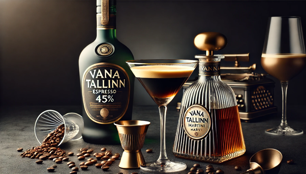 Пляшка Vana Tallinn 45% поруч з коктейльним келихом Espresso Martini та кавовими зернами