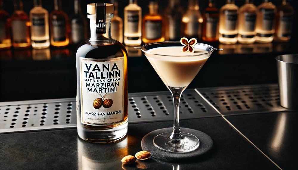 Коктейльний келих з Marzipan Martini та пляшкою Vana Tallinn Marzipan Cream на барній стійці