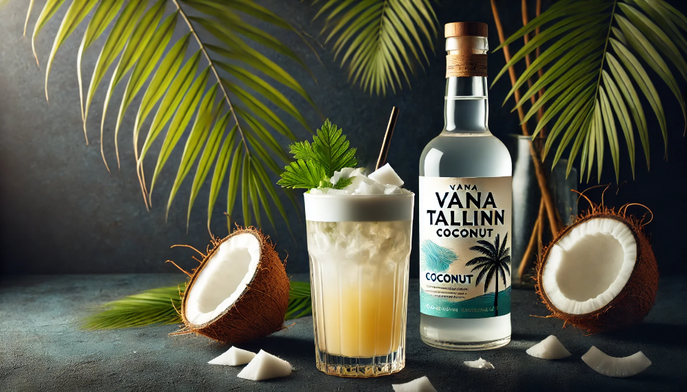 Високий келих з тропічним коктейлем на основі Vana Tallinn Coconut з кокосовим декором