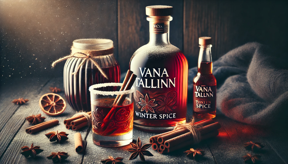 Пляшка і келих Vana Tallinn Winter Spice в оточенні кориці та зірочок анісу на дерев'яній поверхні