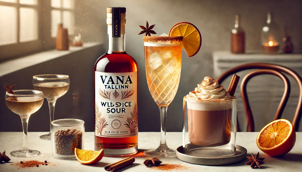 Пляшка Vana Tallinn Wild Spices з двома фірмовими коктейлями Wild Spice Sour та Spicy Hot Chocolate