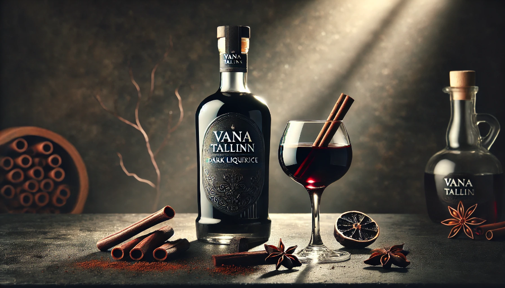 Пляшка Vana Tallinn Dark Liquorice з келихом та елементами лакриці на чорній глянцевій поверхні