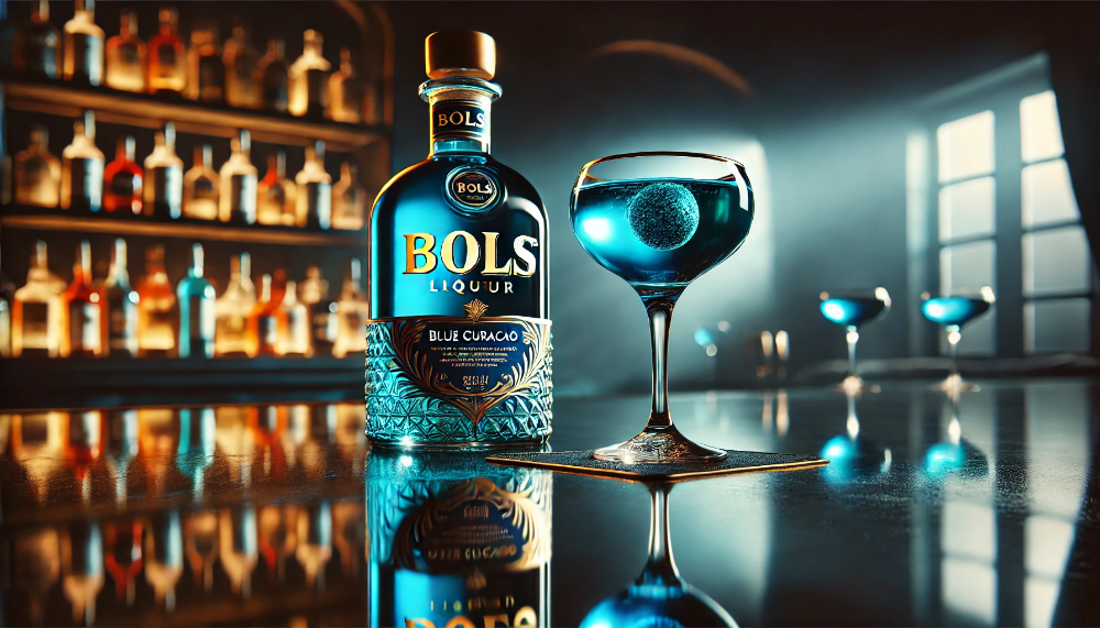 Пляшка лікеру Bols та коктейльний келих з яскраво-блакитним Blue Curacao на темному глянцевому столі