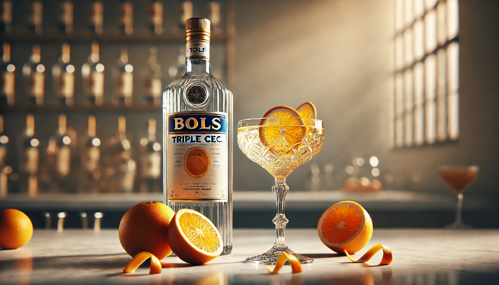 Пляшка Bols Triple Sec, коктейльний келих з прозорим лікером та свіжі апельсини з цедрою на мармуровому столі