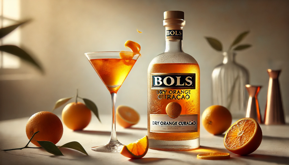 Пляшка Bols Dry Orange Curaçao на мармуровому столі поруч з коктейльним келихом та свіжими апельсинами на світлому фоні