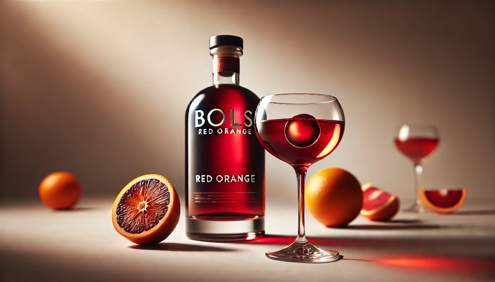 Пляшка Bols Red Orange та наповнений коктейльний келих на світлому тлі в оточенні свіжих червоних апельсинів