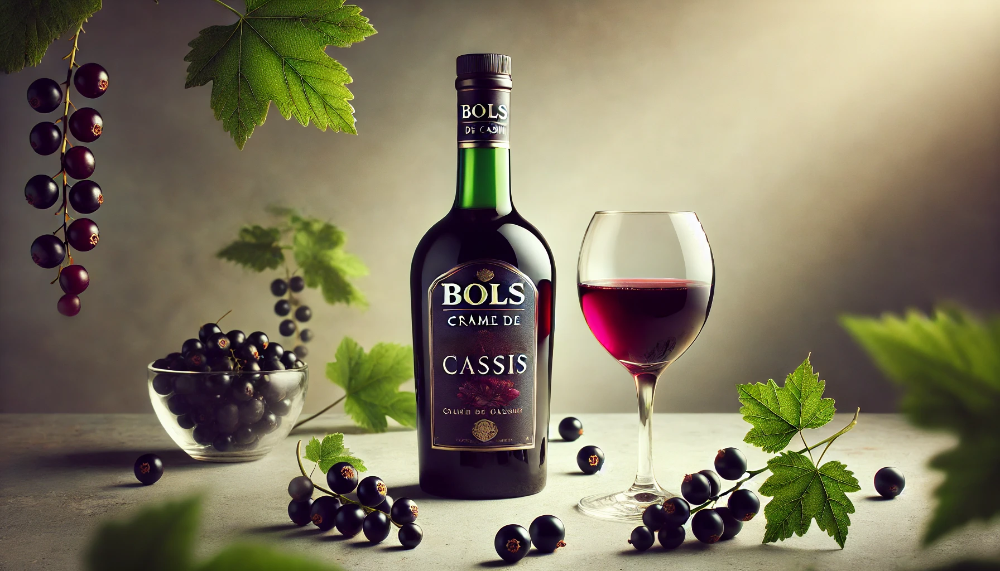 Пляшка Bols Crème de Cassis та келих з темно-бордовим лікером на мармуровій поверхні зі свіжими ягодами