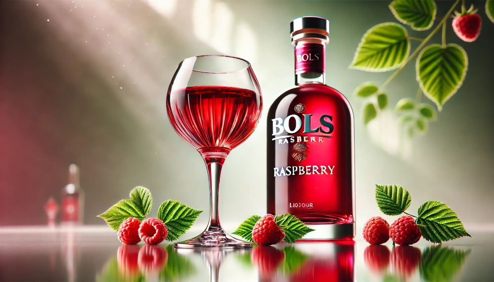 Пляшка Bols Raspberry та наповнений келих з яскраво-червоним лікером у оточенні свіжих ягід малини