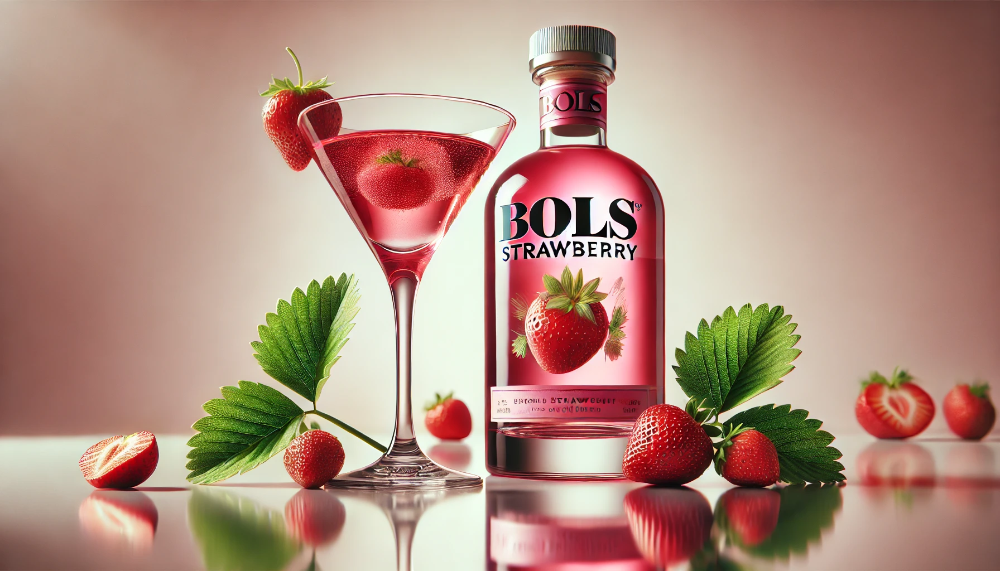 Пляшка Bols Strawberry та коктейльний келих з рожево-червоним лікером у оточенні свіжих ягід полуниці