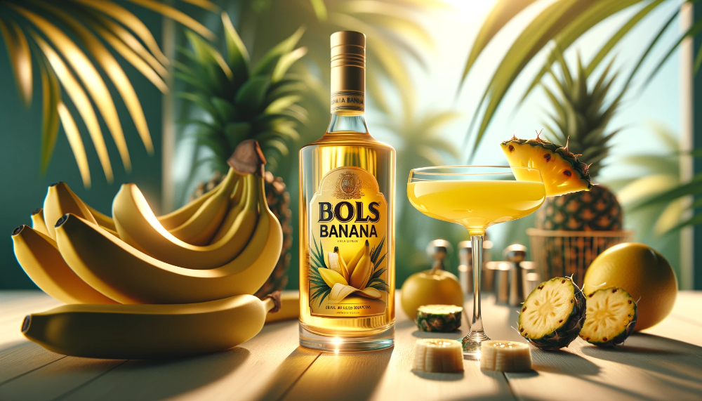 Пляшка Bols Banana та коктейльний келих із жовтим лікером у оточенні свіжих бананів на світлому дерев'яному столі