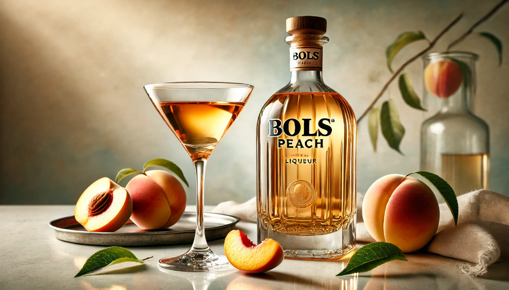 Пляшка Bols Peach та коктейльний келих із золотистим лікером у оточенні свіжих персиків