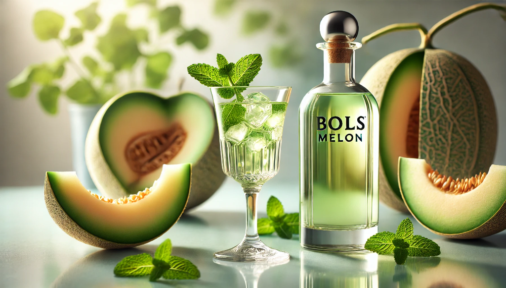 Пляшка Bols Melon та коктейльний келих з зеленуватим лікером у оточенні свіжої дині та м'яти