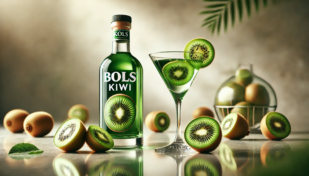 Пляшка Bols Kiwi та коктейльний келих із прозоро-зеленим лікером у оточенні свіжих плодів ківі