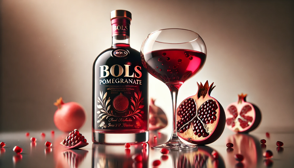 Пляшка Bols Pomegranate та коктейльний келих з рубіновим лікером у оточенні свіжого граната