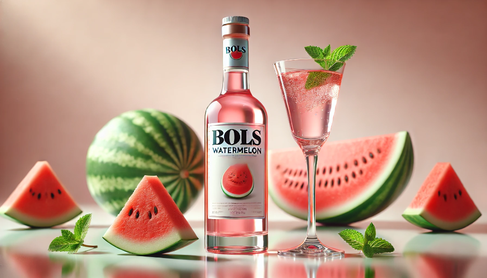 Пляшка Bols Watermelon та коктейльний келих з рожевим лікером у оточенні свіжого кавуна