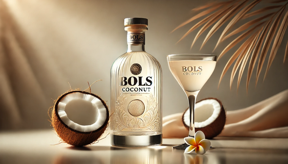 Пляшка Bols Coconut та коктейльний келих з кремовим лікером у оточенні свіжого кокоса