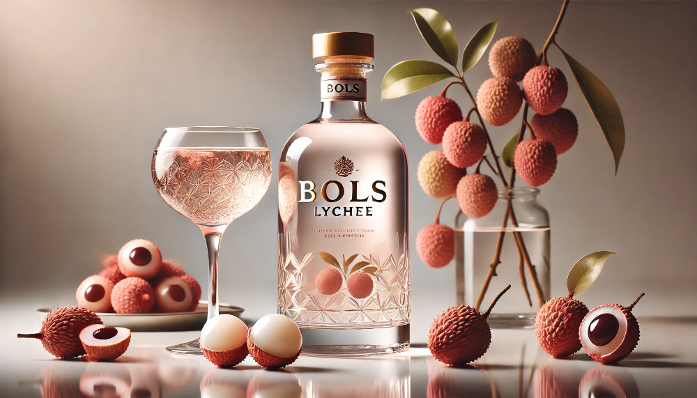 Пляшка Bols Lychee та коктейльний келих з прозорим лікером у оточенні свіжих плодів лічі