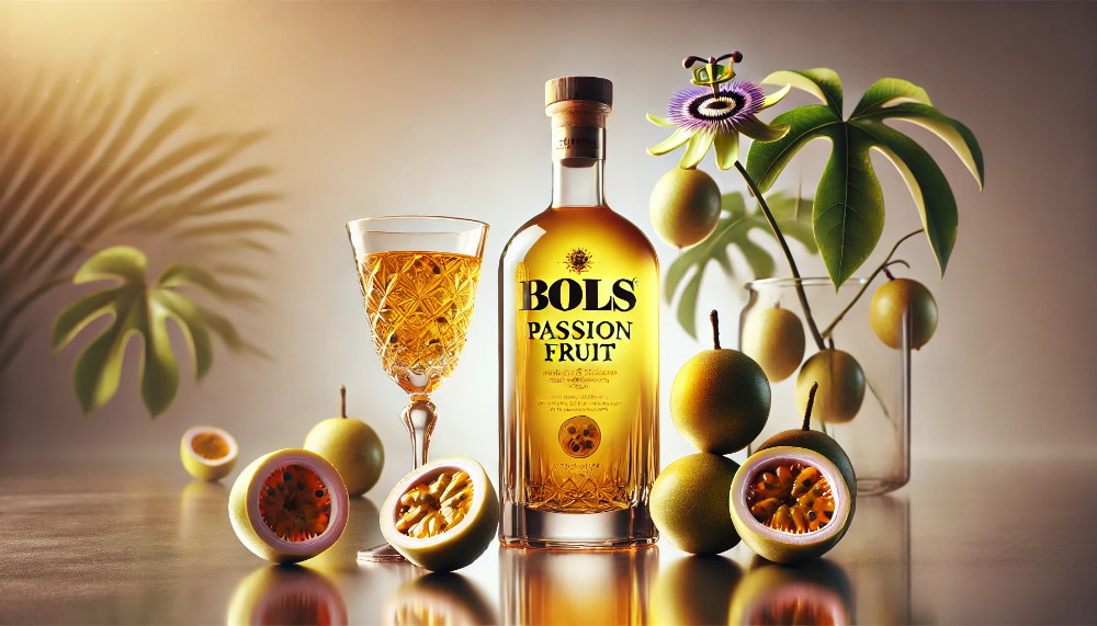 Пляшка Bols Passion Fruit та коктейльний келих із золотистим лікером у оточенні свіжої маракуї