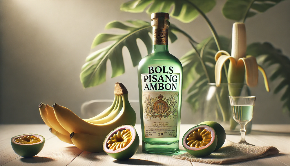 Пляшка зеленого лікеру Bols Pisang Ambon у оточенні свіжих бананів та маракуї на дерев'яному столі з тропічним фоном