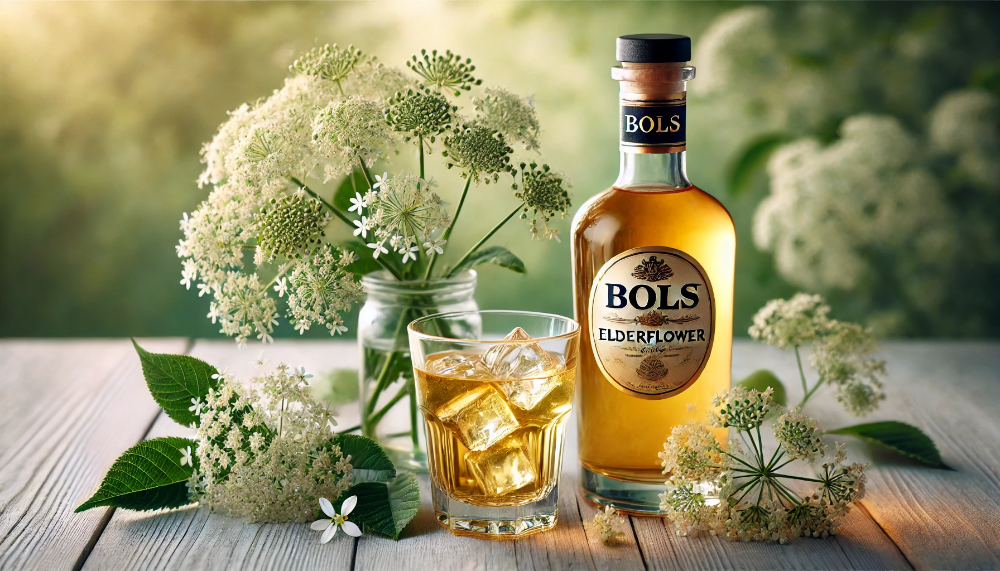  Пляшка лікеру Bols Elderflower з келихом напою на льоду, оточена свіжими квітами бузини на світлій поверхні