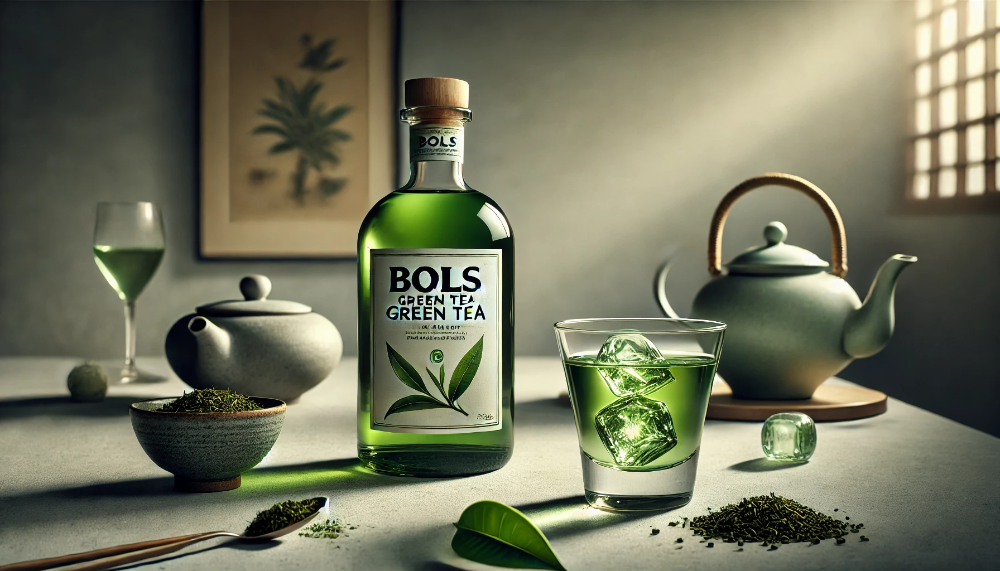 Пляшка лікеру Bols Green Tea з келихом напою на льоду, оточена свіжим листям зеленого чаю на фоні чайної чашки